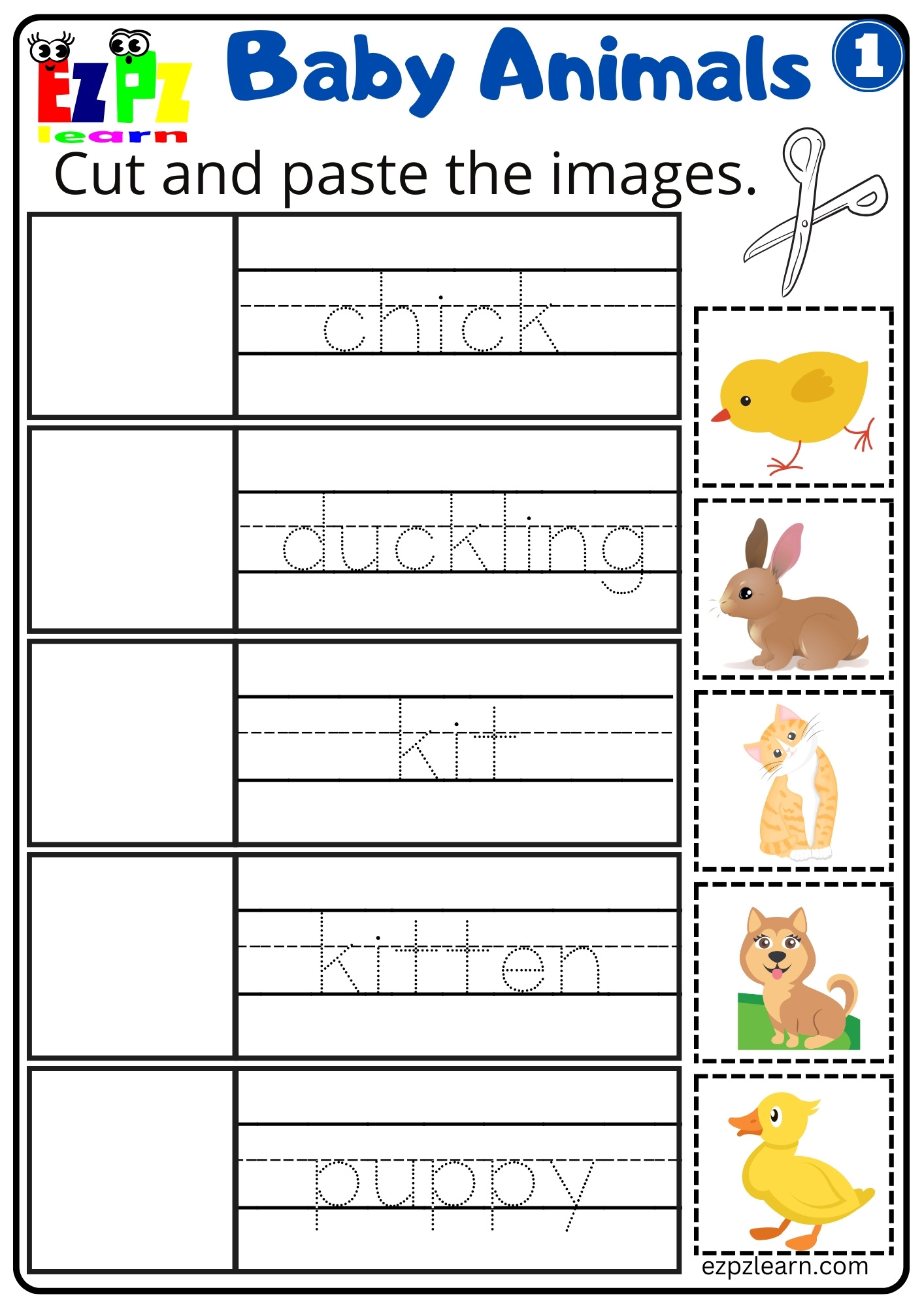 Baby Animals Vocabulary Cut and Paste Activity for English Language Learners and Kindergarten Students Free Download
